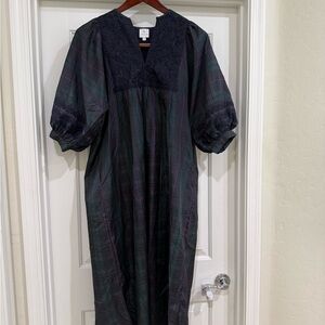 J. Marie Plaid Maxi Dress with Puff Sleeves - Dark Green